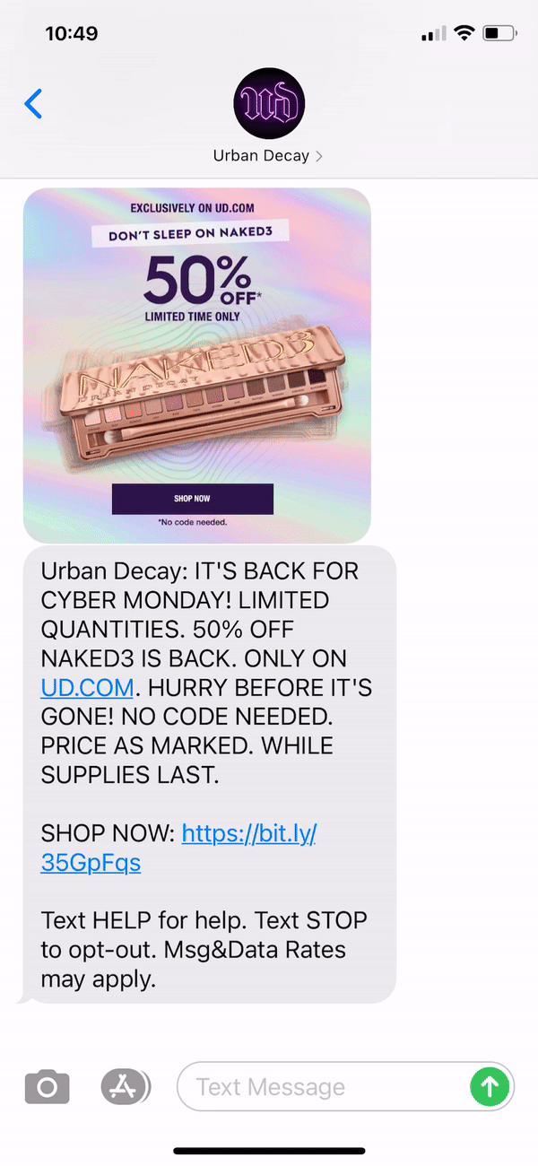 Urban Decay Text Message Marketing Example - 11.30.2020.gif