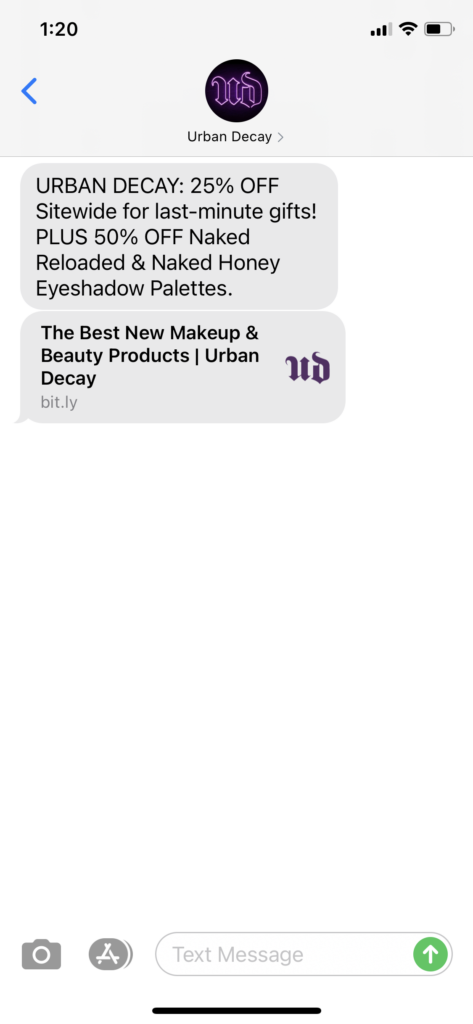 Urban Decay Text Message Marketing Example - 12.18.2020