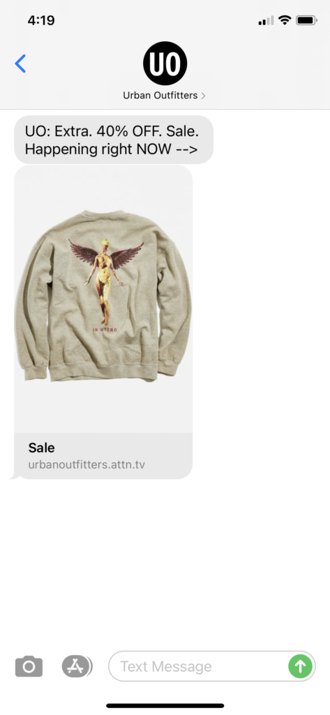 Urban Outfitters Text Message Marketing Example - 12.25.2020