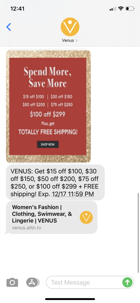 Venus Text Message Marketing Example - 12.16.2020