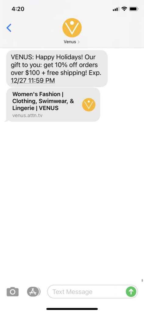 Venus Text Message Marketing Example - 12.25.2020