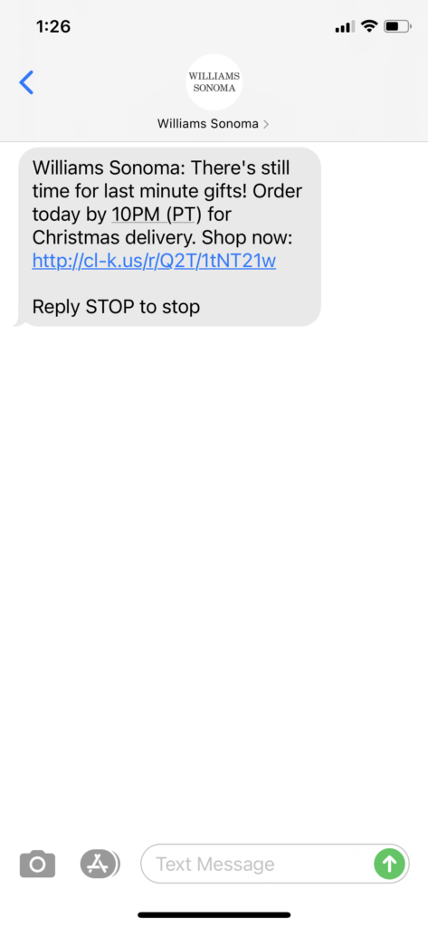 Williams Sonoma Text Message Marketing Example - 12.18.2020