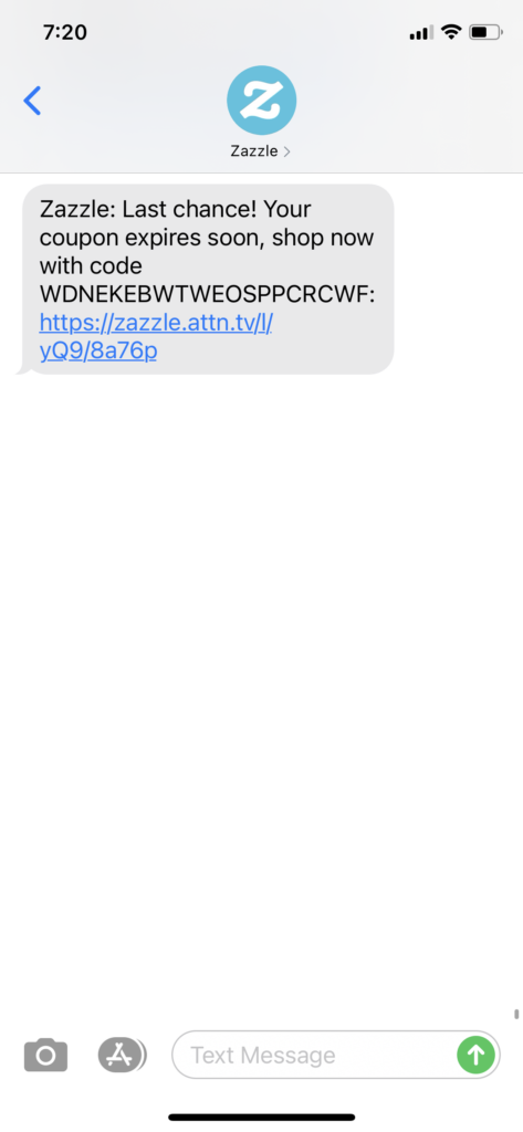Zazzle Text Message Marketing Example - 12.22.2020