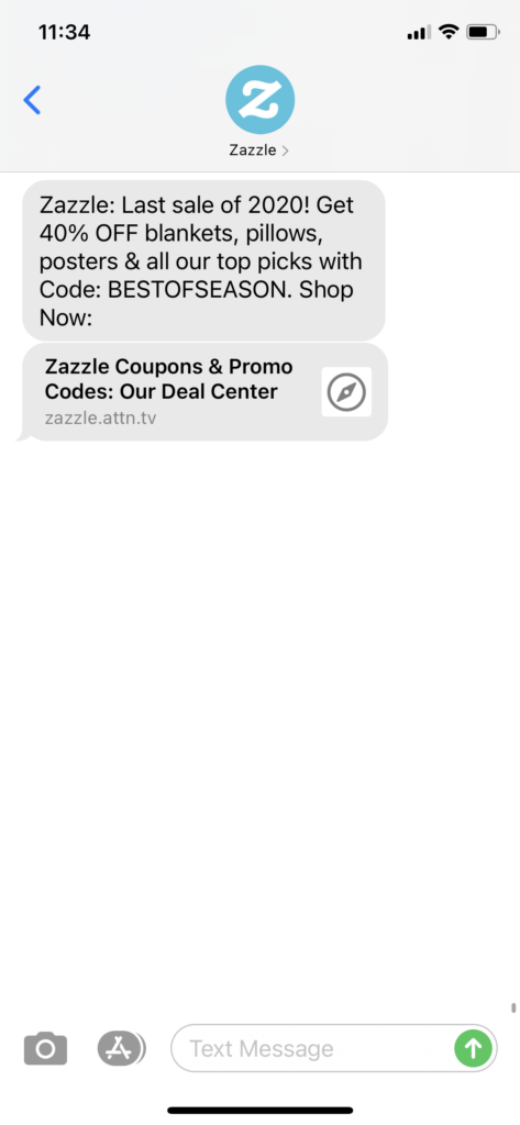 Zazzle Text Message Marketing Example - 12.26.2020
