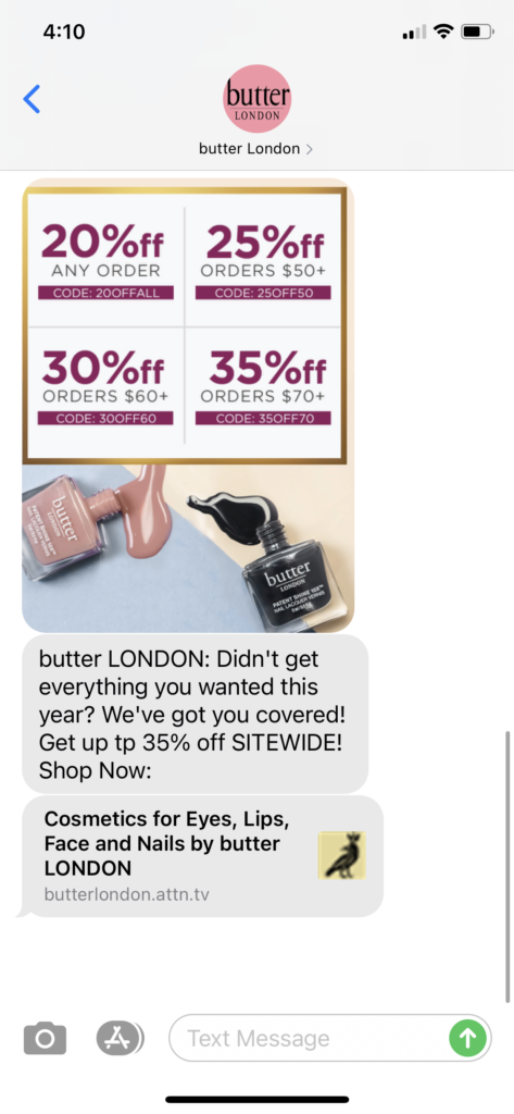 butter London Text Message Marketing Example - 12.27.2020