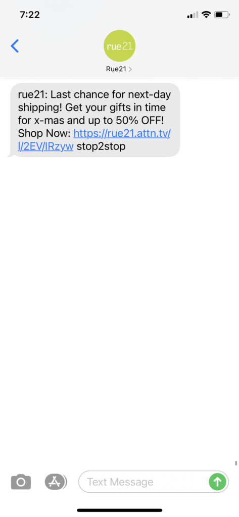rue21 Text Message Marketing Example - 12.22.2020