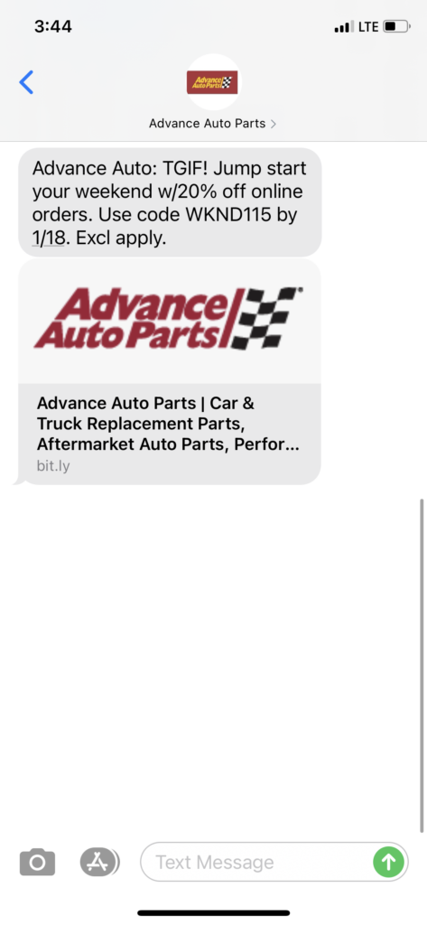 Advance Auto Text Message Marketing Example - 01.15.2021