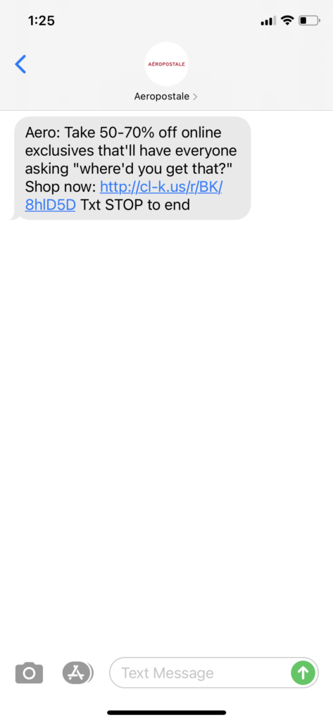 Aeropostale Text Message Marketing Example - 01.25.2021