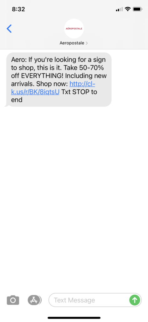 Aeropostale Text Message Marketing Example - 01.28.2021