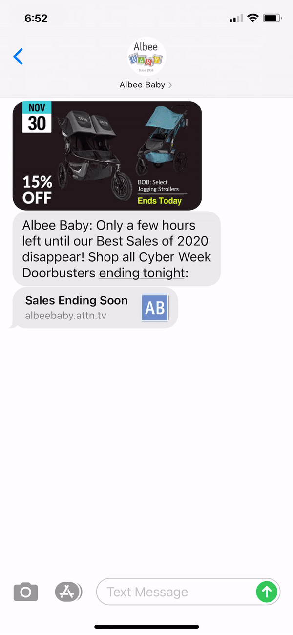 Albee Baby Text Message Marketing Example - 11.30.2020
