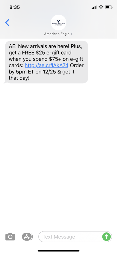 American Eagle Text Message Marketing Example - 12.23.2020