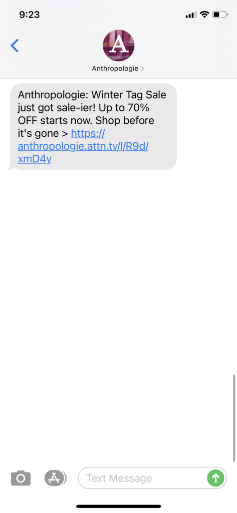 Anthropolgie Text Message Marketing Example - 01.07.2021
