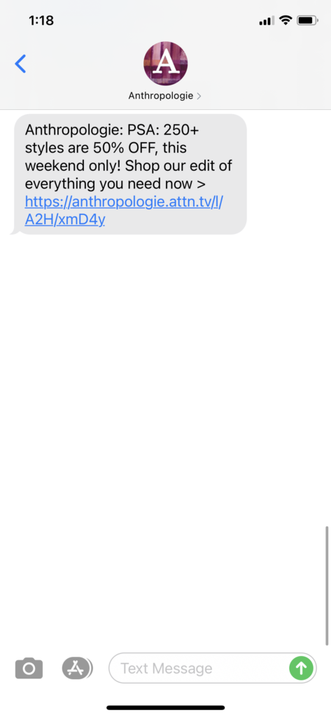 Anthropologie Text Message Marketing Example - 01.22.2021