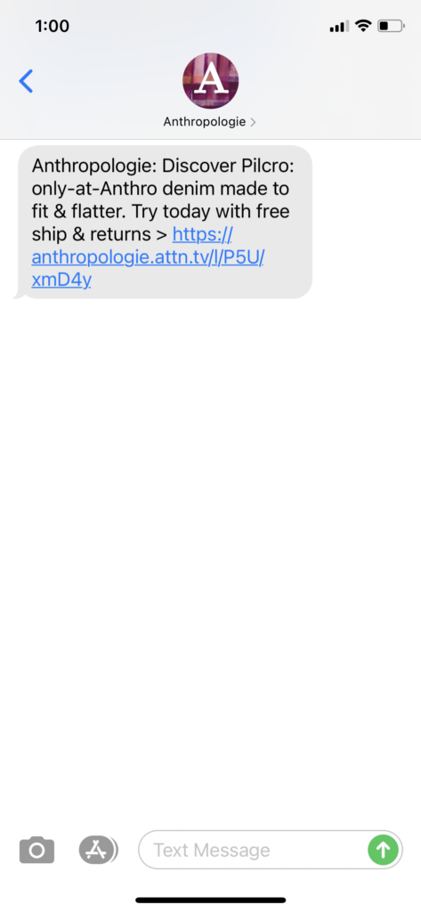 Anthropologie Text Message Marketing Example - 01.26.2021