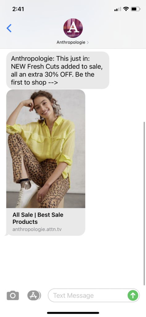 Anthropologie Text Message Marketing Example - 08.13.2020