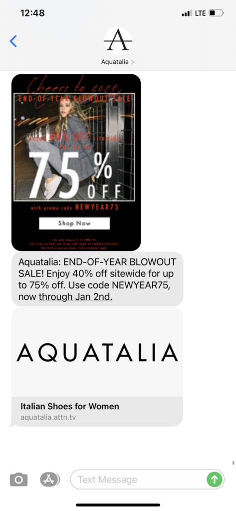 Aquatalia Text Message Marketing Example - 12.28.2020