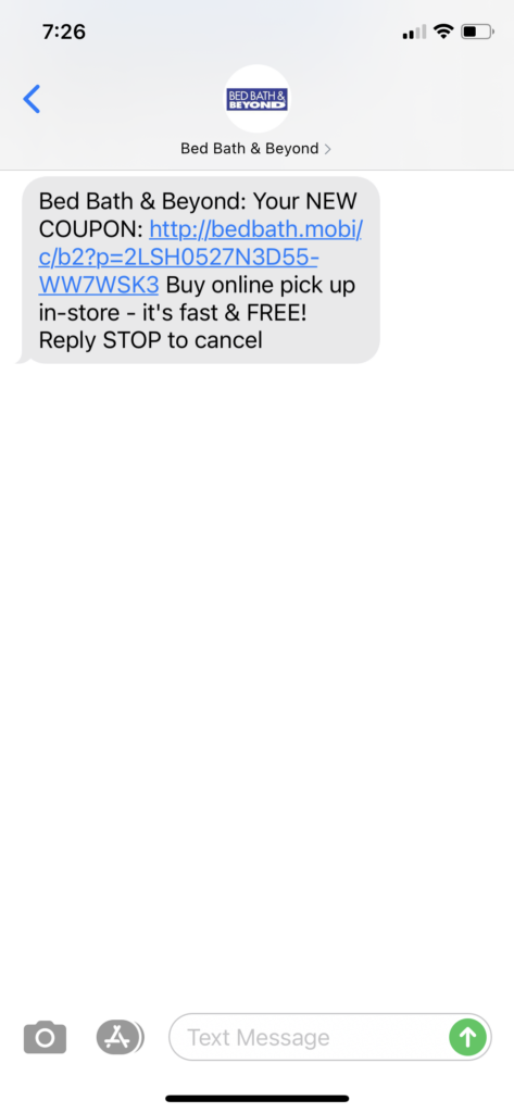 Bed Bath & Beyond Text Message Marketing Example - 01.01.2021