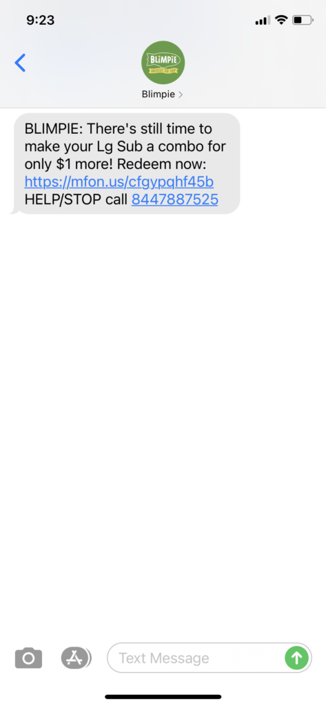 Blimpie Text Message Marketing Example - 01.07.2021