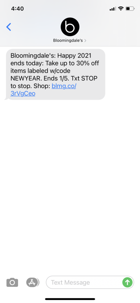 Bloomingdale's Text Message Marketing Example - 01.05.2021