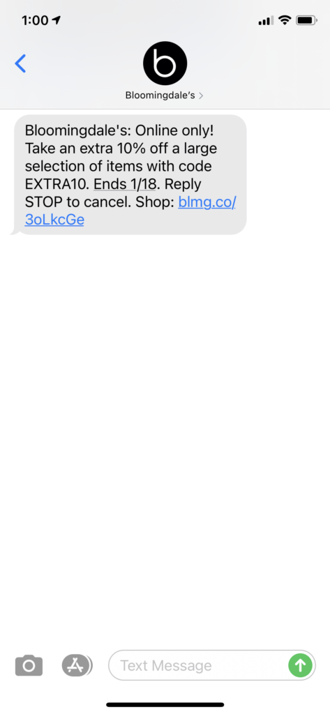 Bloomingdale's Text Message Marketing Example - 01.14.2021