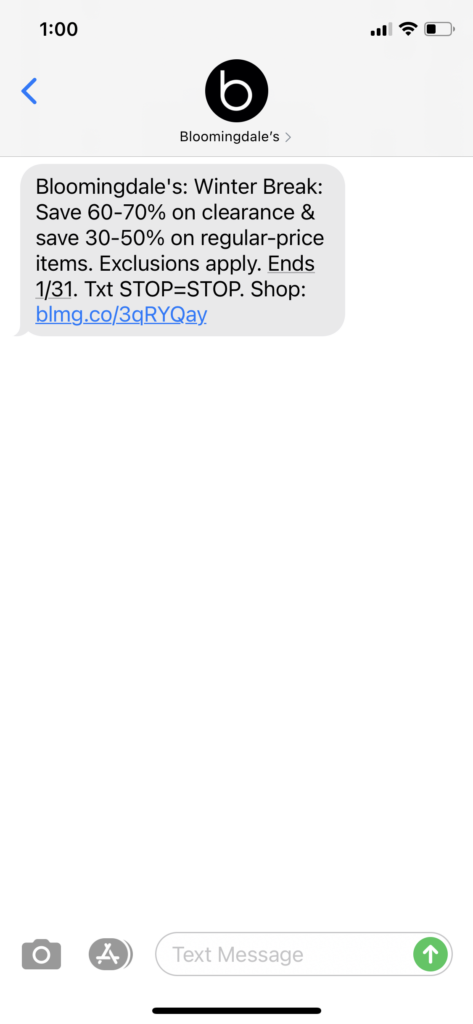 Bloomingdales Text Message Marketing Example - 01.26.2021