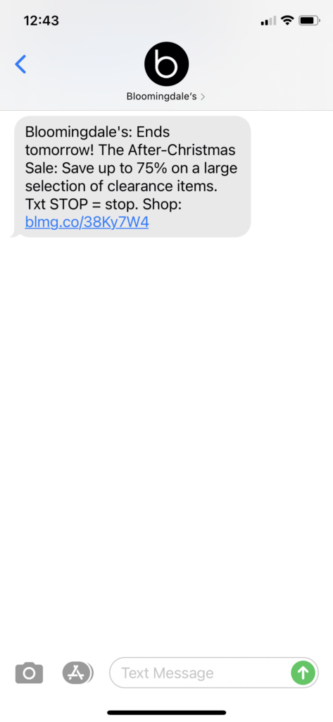 Bloomingdale's Text Message Marketing Example - 12.30.2020