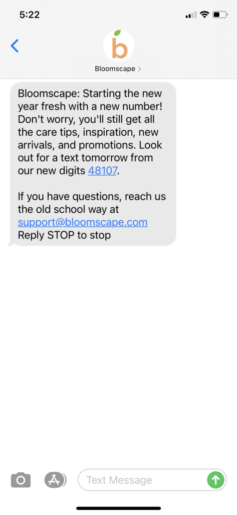 Bloomscape Text Message Marketing Example -01.06.2021