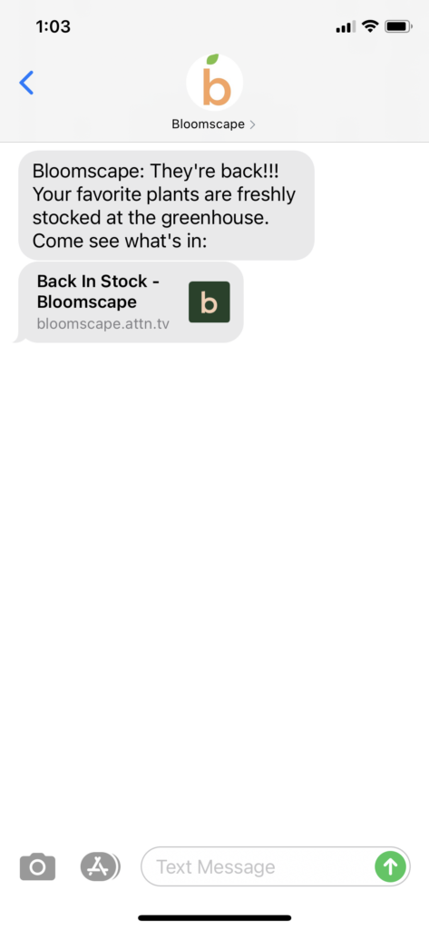 Bloomscape Text Message Marketing Example - 01.23.2021