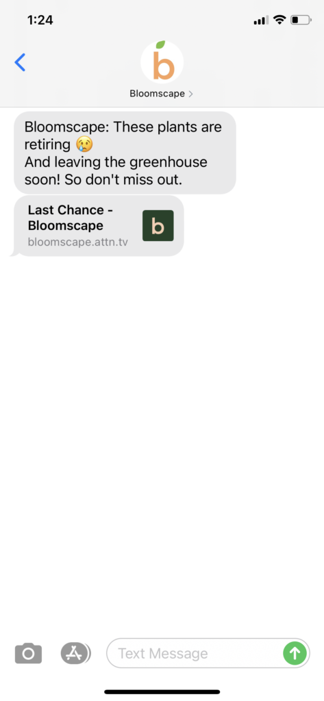Bloomscape Text Message Marketing Example - 01.25.2021