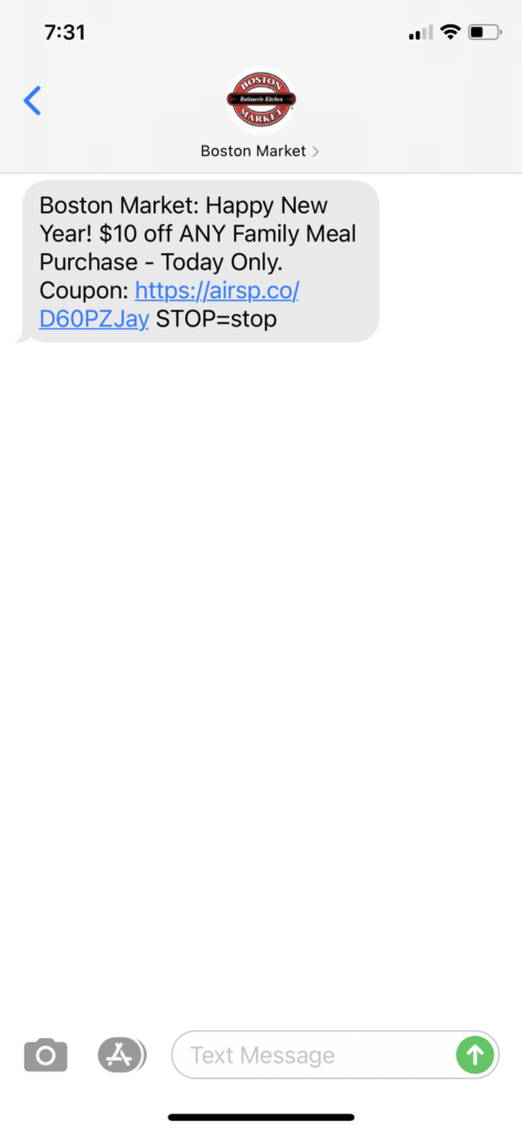 Boston Market Text Message Marketing Example - 01.01.2021