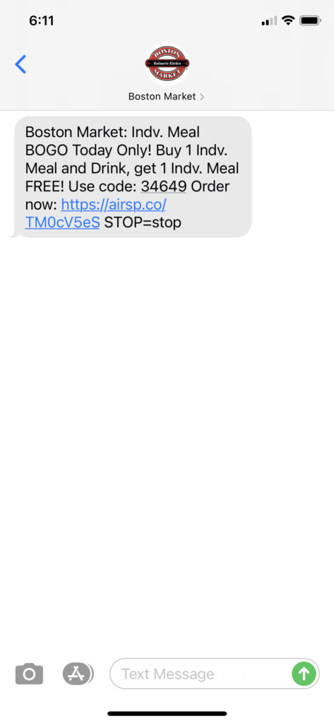 Boston Market Text Message Marketing Example - 01.04.2021