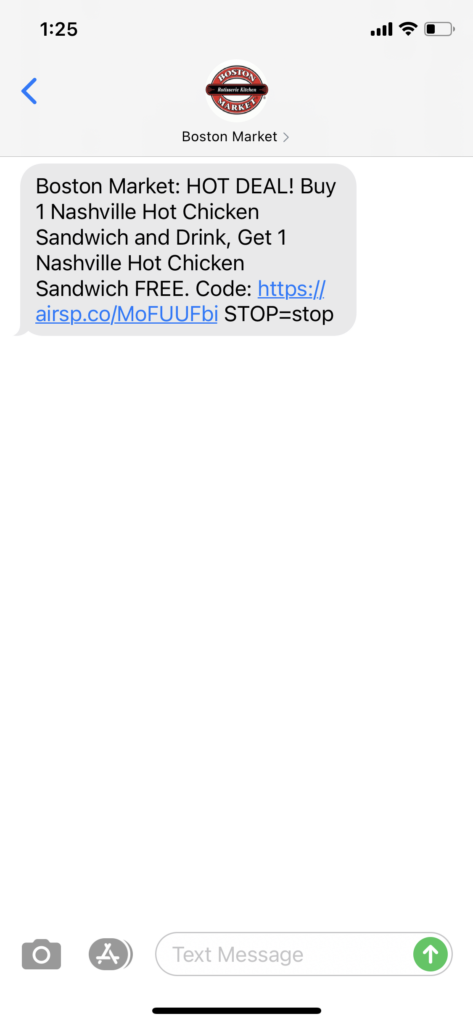 Boston Market Text Message Marketing Example - 01.25.2021