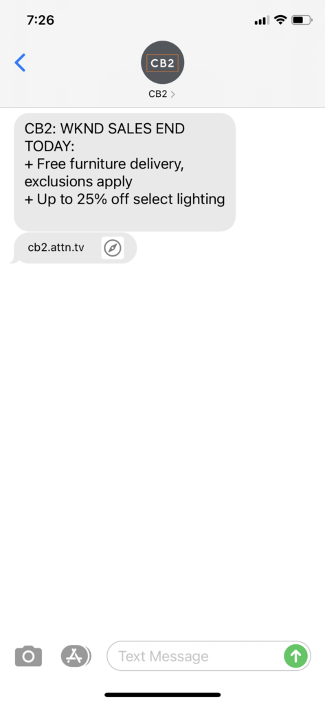 CB2 Text Message Marketing Example - 01.18.2021