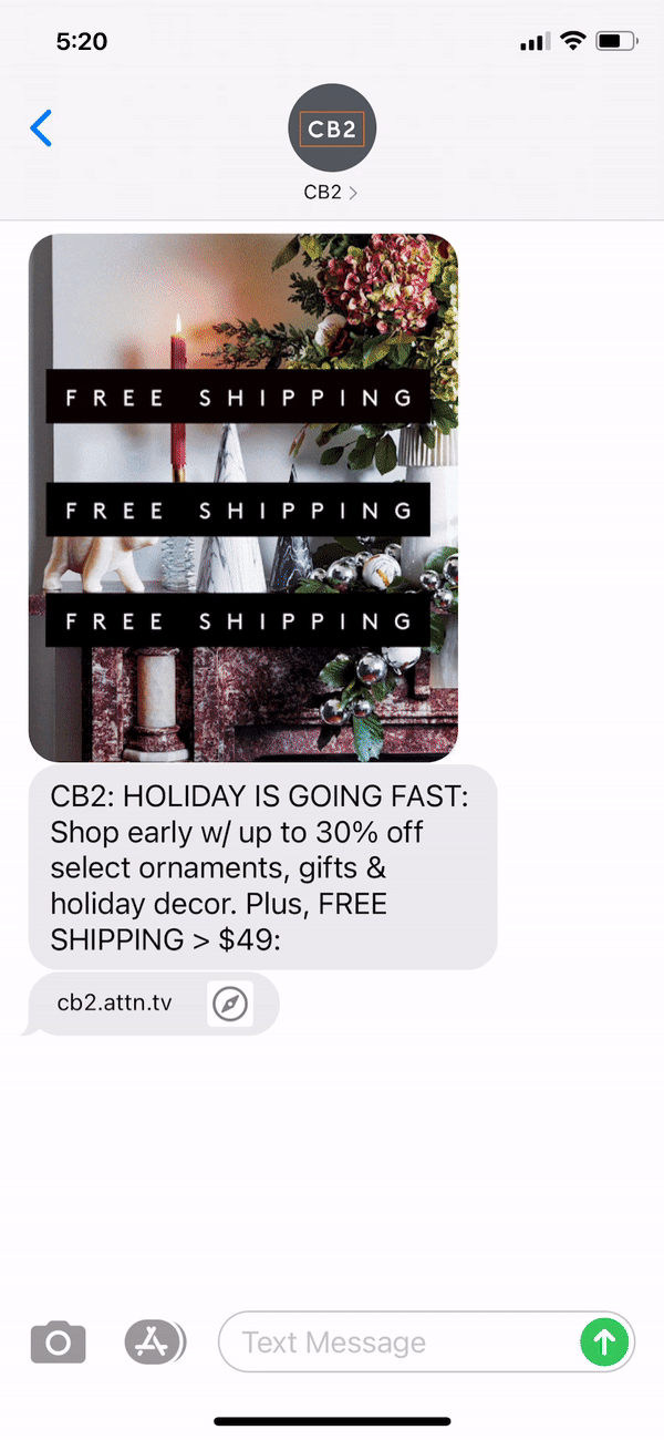 CB2 Text Message Marketing Example - 11.08.2020