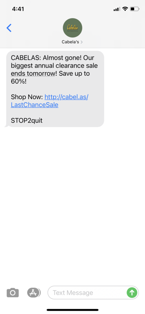 Cabela's Text Message Marketing Example - 01.05.2021