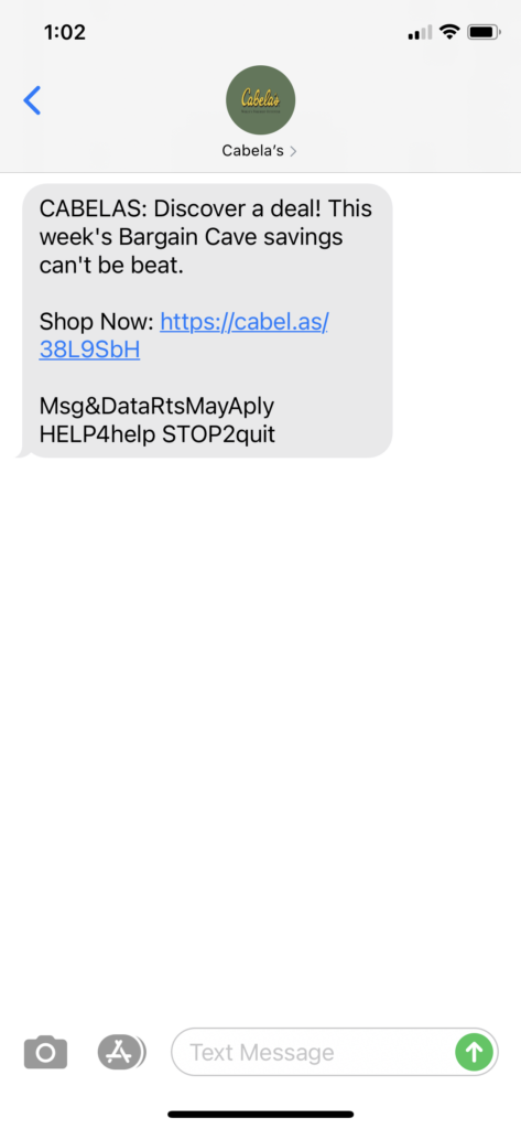 Cabela's Text Message Marketing Example - 01.14.2021