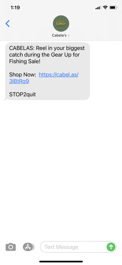 Cabelas Text Message Marketing Example - 01.22.2021
