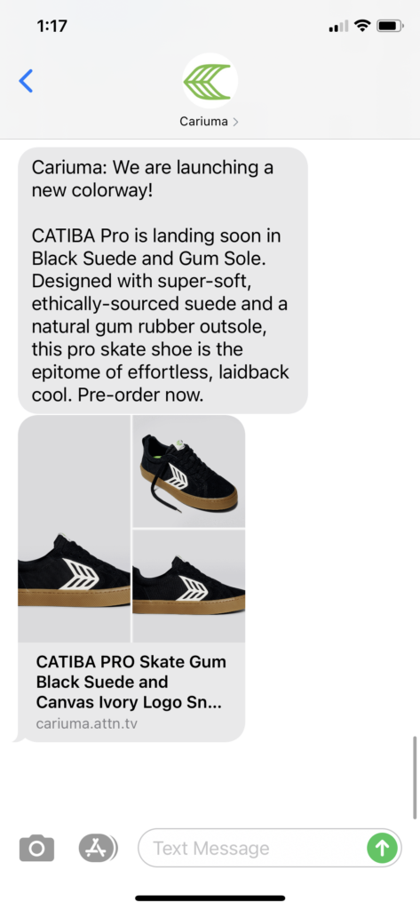 Cariuma Text Message Marketing Example - 01.13.2021