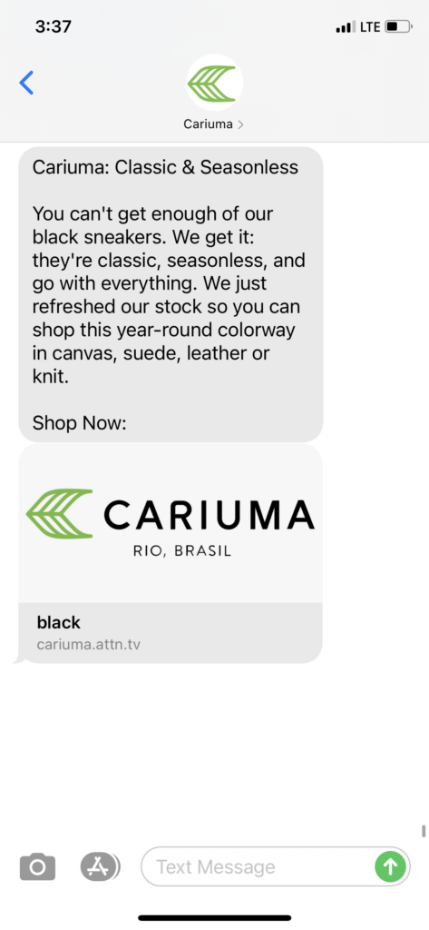 Cariuma Text Message Marketing Example - 01.15.2021