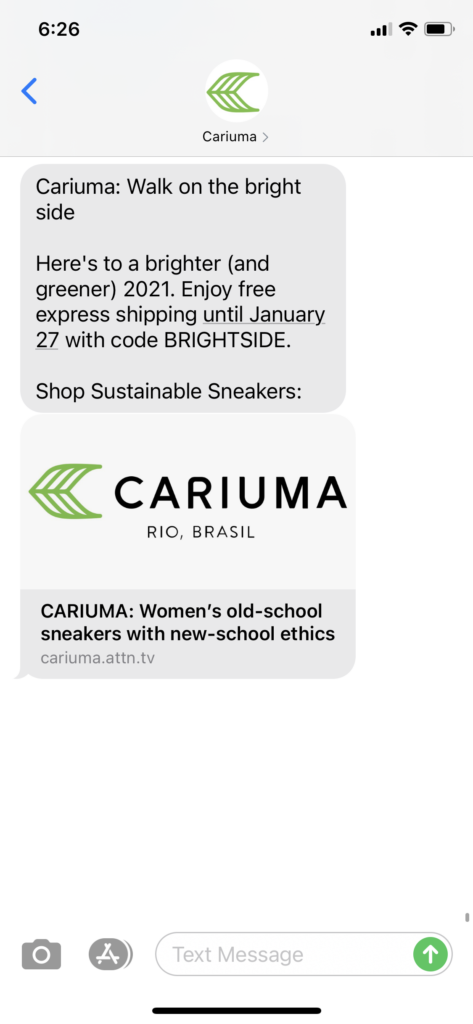 Cariuma Text Message Marketing Example - 01.20.2021