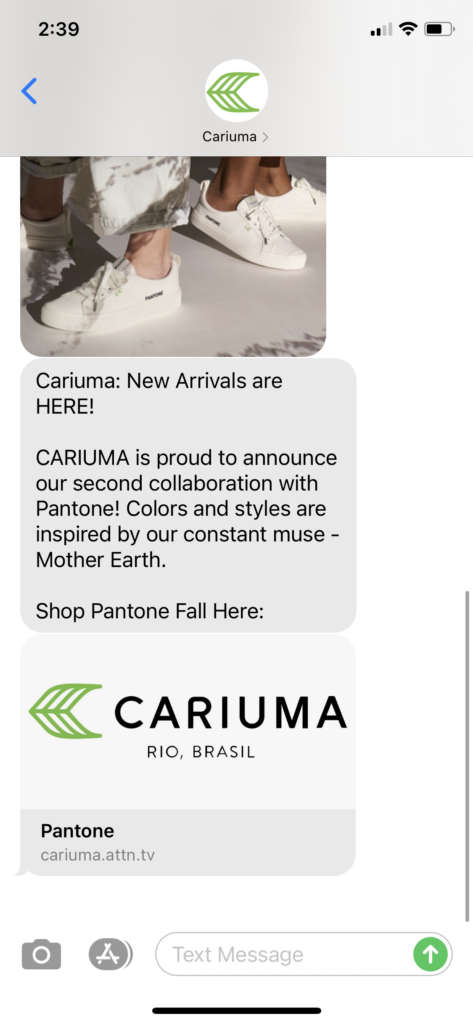 Cariuma Text Message Marketing Example - 08.11.2020