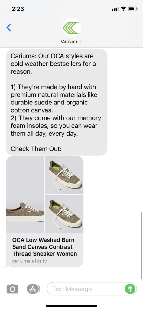Cariuma Text Message Marketing Example - 11.09.2020