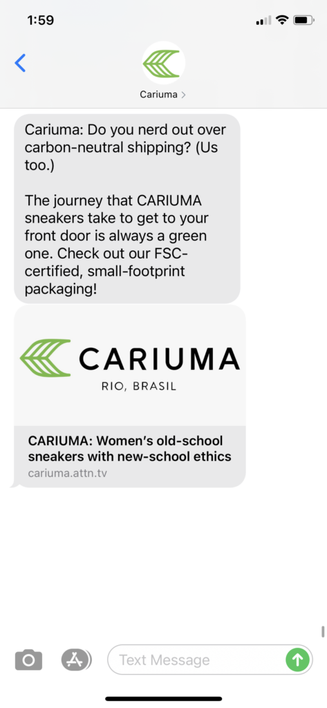 Cariuma Text Message Marketing Example - 11.10.2020