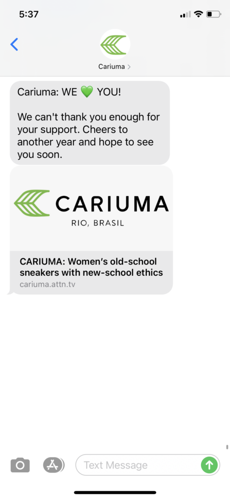 Cariuma Text Message Marketing Example - 12.31.2020