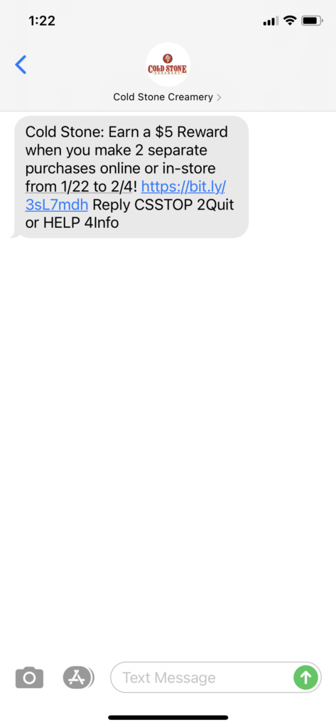Cold Stone Creamery Text Message Marketing Example - 01.22.2021
