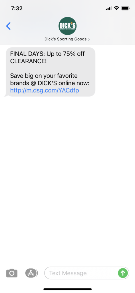 Dick's Sporting Goods Text Message Marketing Example - 01.30.2021