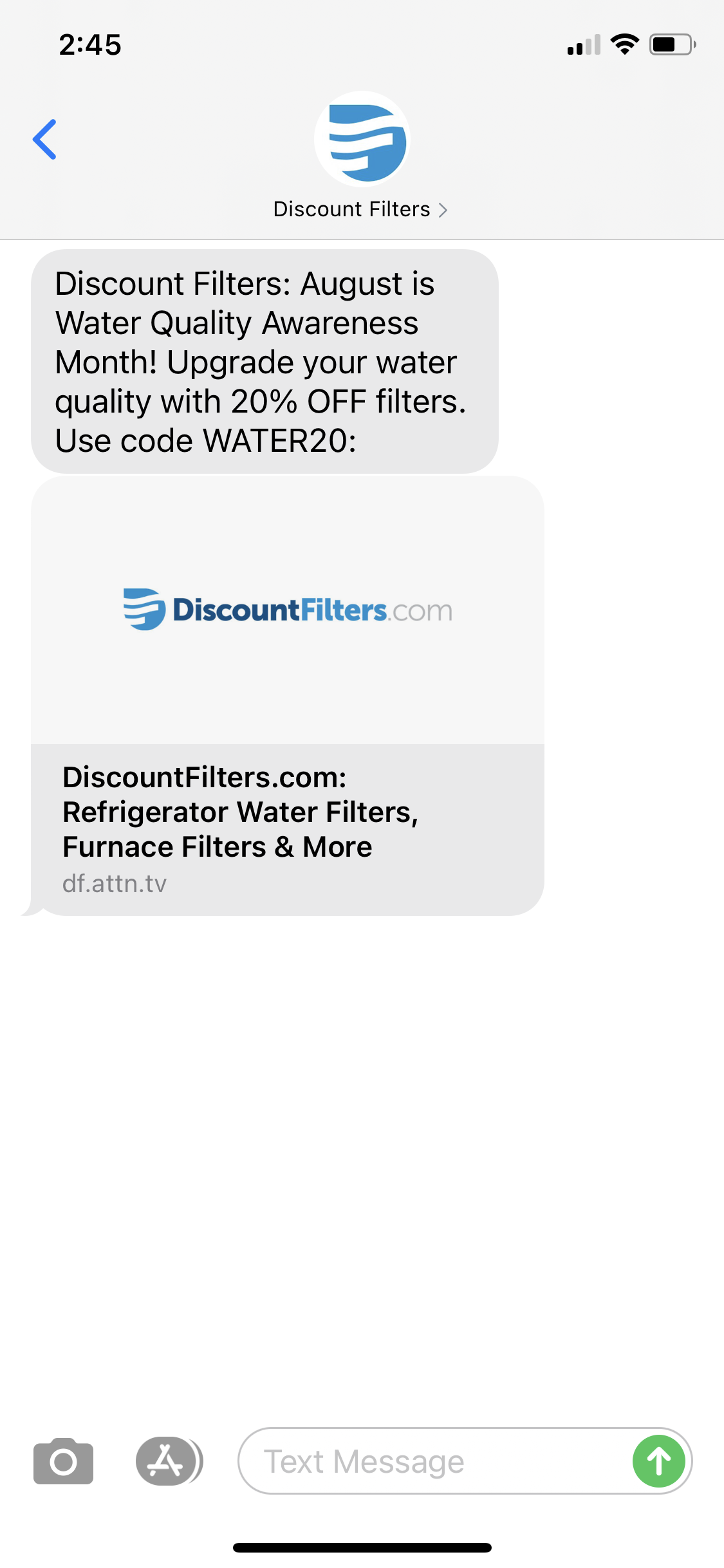 Discount Filters Text Message Marketing Example 08.13.2020 SMS Archives