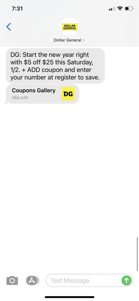 Dollar General Text Message Marketing Example - 01.01.2021