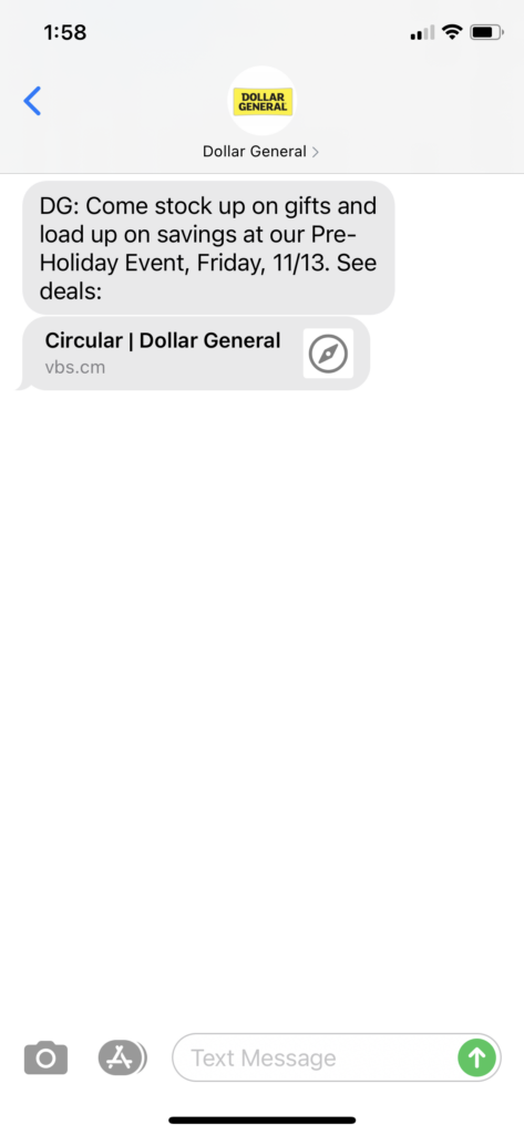 Dollar General Text Message Marketing Example - 11.10.2020