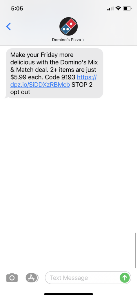 Dominos Pizza Text Message Marketing Example - 01.08.2021